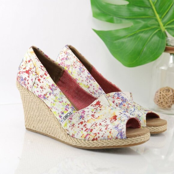 TOMS Womens Bernardo Pump Size 9 White Red Splash Canvas Open Toe Wedge Heel - Picture 2 of 12